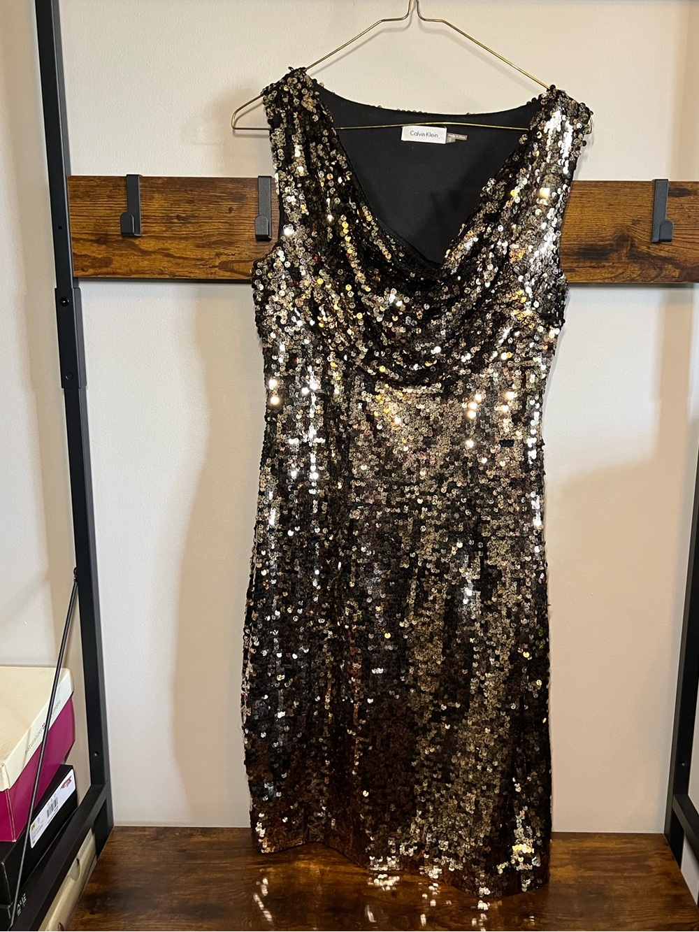 Calvin Klein Black and Gold Sequin Midi Dress